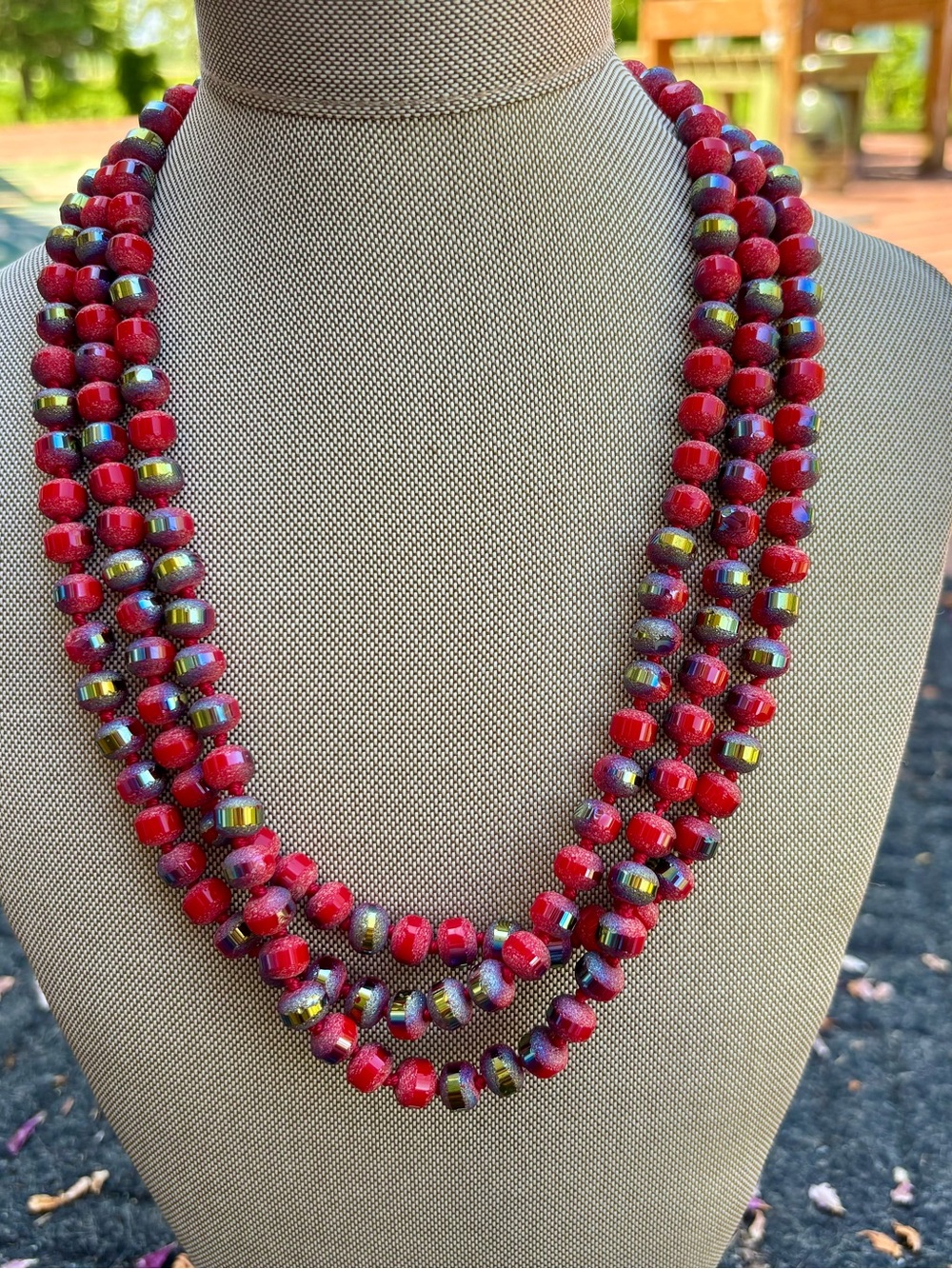Vintage Red Glass Bead Hand Knotted Necklace Iris AB Peacock 30" Opera Rope